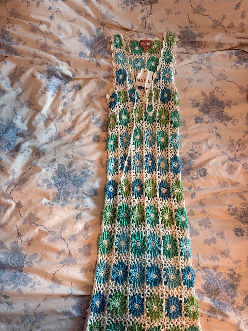 Show Me Your MuMu Blue & Green Crochet Maxi Dress